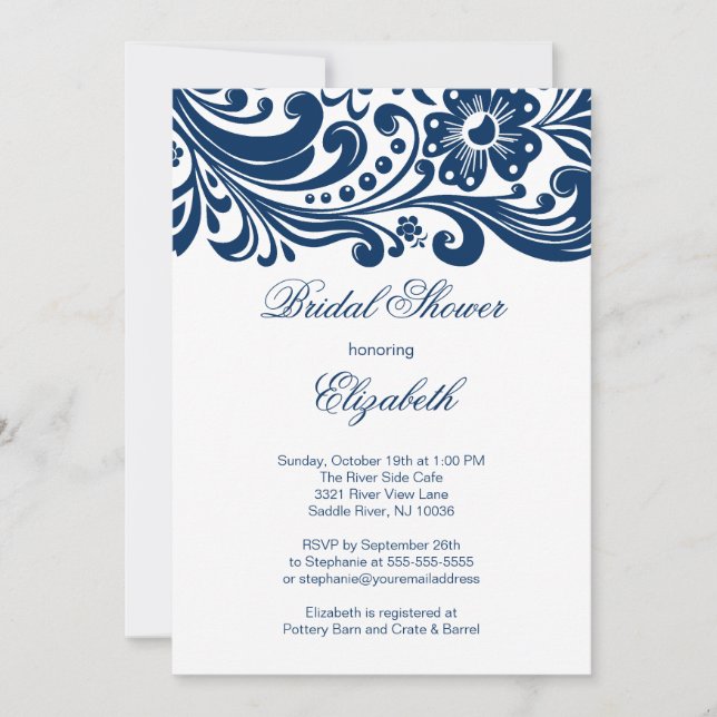Blue Floral Swirl Bridal Shower Invitation Formal (Front)