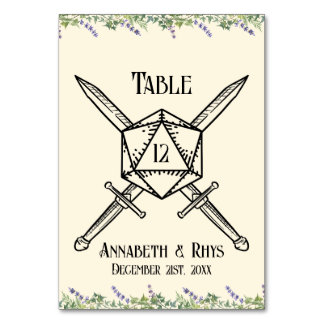 Blue Floral Sword D20 RPG Inspired Table Number