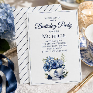 Blue Floral Tea Cup Elegant Women’s Birthday Party Invitation