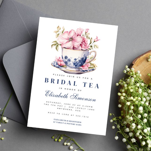Blue Floral Tea Cup Something Blue Bridal Shower Invitation (Creator Uploaded)