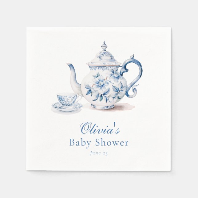 Blue Floral Tea Party Baby Shower Napkin (Front)