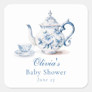 Blue Floral Tea Party Baby Shower Square Sticker