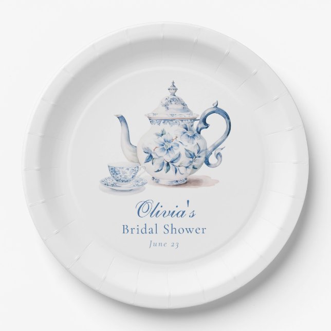 Blue Floral Tea Party Bridal Shower Paper Plate (Front)