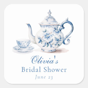 Blue Floral Tea Party Bridal Shower Square Sticker