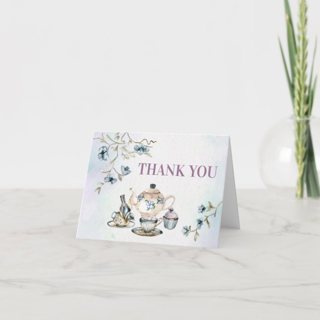 Blue floral tea party bridal shower thank you card (Front)