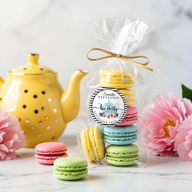 Blue Floral Tea Party Teapot Stripe Baby Shower Classic Round Sticker (Blue Floral Tea Party Teapot Stripe Baby Shower Classic Round Sticker)