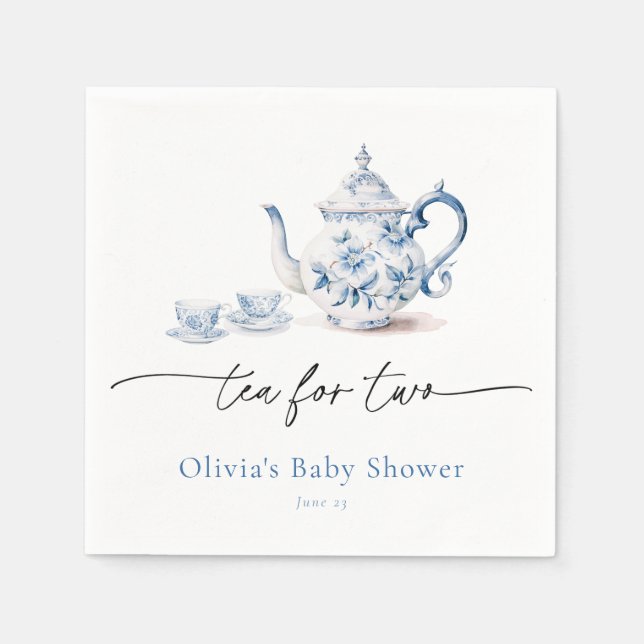 Blue Floral Tea Party Twin Baby Shower Napkin (Front)