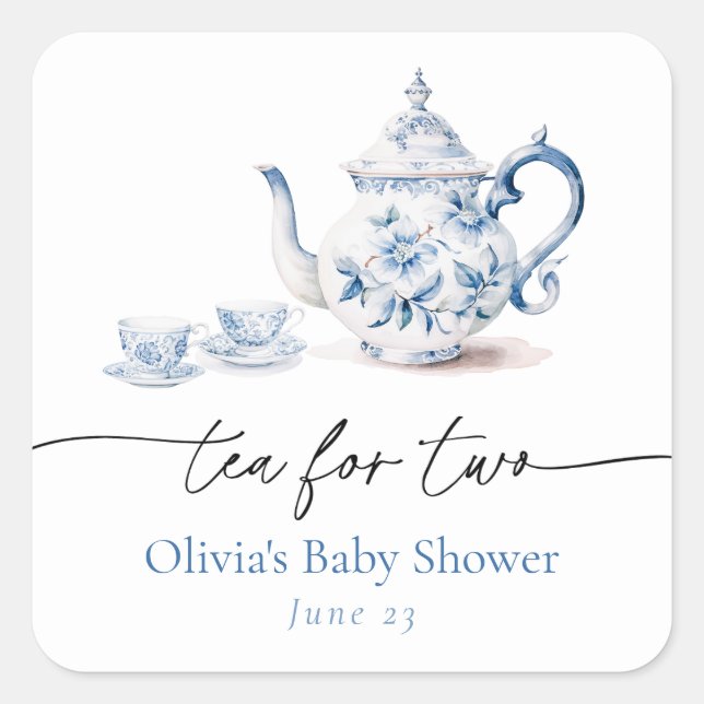 Blue Floral Tea Party Twin Baby Shower Square Sticker (Front)