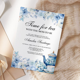 Blue Floral Tea With Mom To Be Baby Shower Invitat Invitation