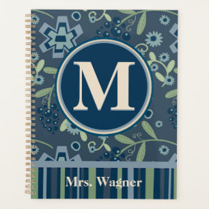 Blue Floral Teacher Personalised Monogram Name  Planner