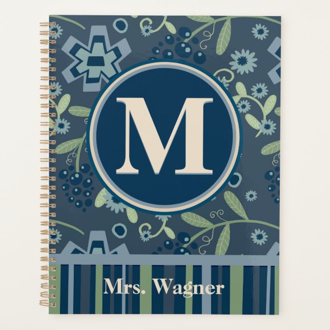 Blue Floral Teacher Personalised Monogram Name  Planner (Front)
