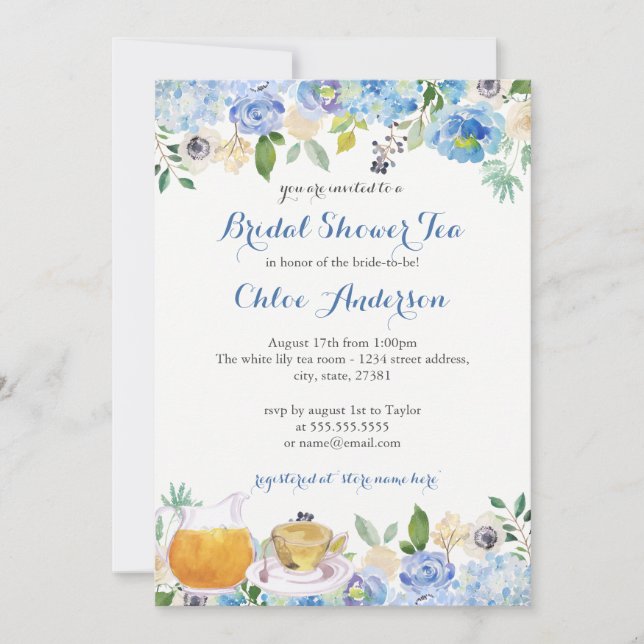 Blue Floral Teacup Bridal Shower Invitation (Front)