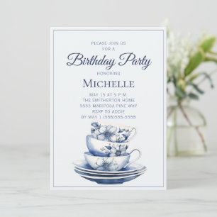 Blue Floral Teacups Any Age Women's Birthday Invitation