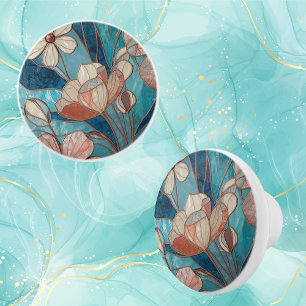 Blue Floral Teal Blush Ceramic Knob