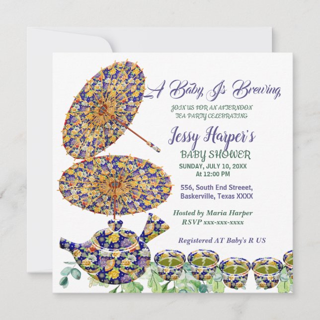 Blue Floral Teapot Afternoon Tea Party Baby Shower Invitation (Front)
