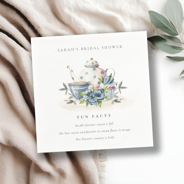 Blue Floral Teapot Tea Fun Facts Bridal Shower Napkin (Creator Uploaded)