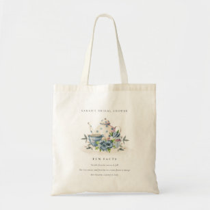 Blue Floral Teapot Tea Fun Facts Bridal Shower Tote Bag