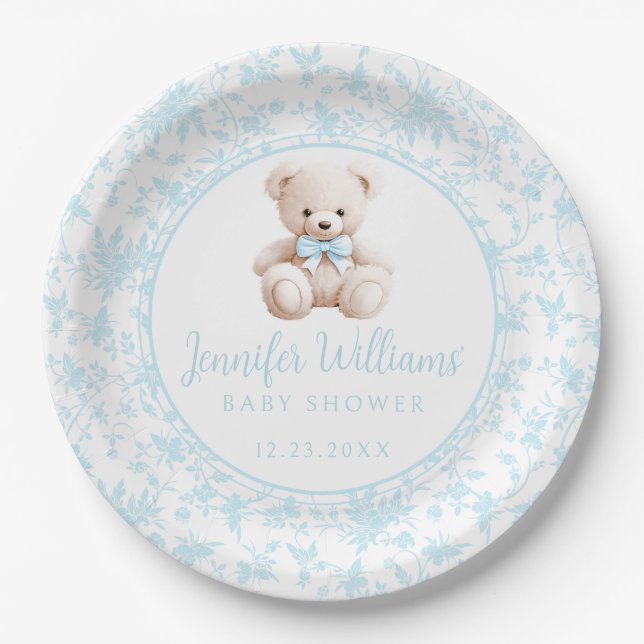 Blue floral teddy bear baby boy shower paper paper plate (Front)