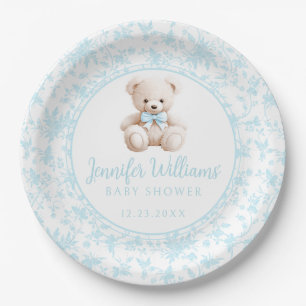 Blue floral teddy bear baby boy shower paper plate
