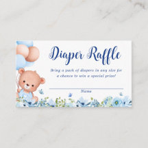 Blue Floral Teddy Bear Baby Shower Diaper Raffle