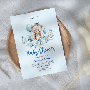 Blue Floral Teddy Bear Baby Shower Invitation