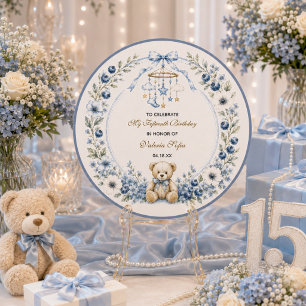 Blue Floral Teddy Bear Fifteenth Birthday party Classic Round Sticker
