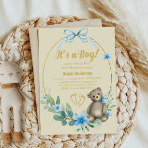 Blue Floral Teddy Bear It's a Boy Baby Shower Invitation