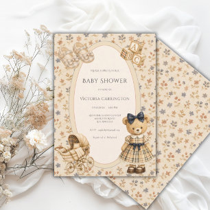 Blue Floral Teddy Bear Vintage Baby Invitation