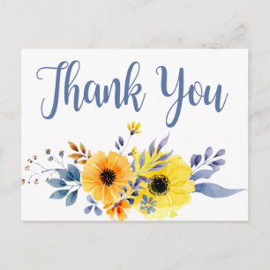 Blue Floral Thank You Yellow Flowers Watercolor Postcard