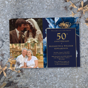 Blue Floral Then And Now 50th Anniversary 2 Photo Invitation