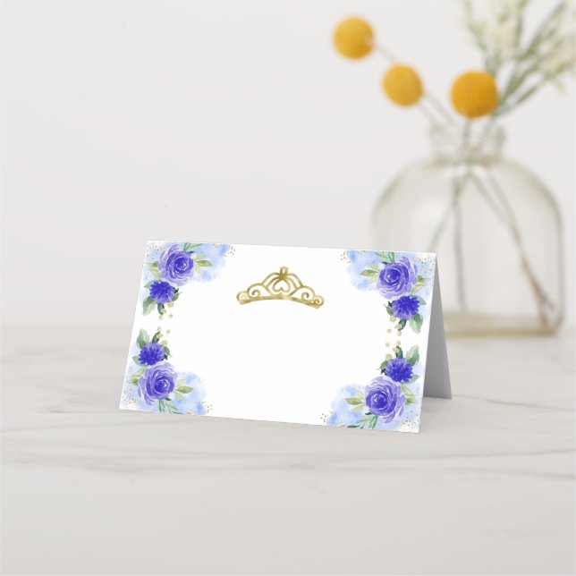 Blue Floral Tiara Quinceanera Place Card (Front)
