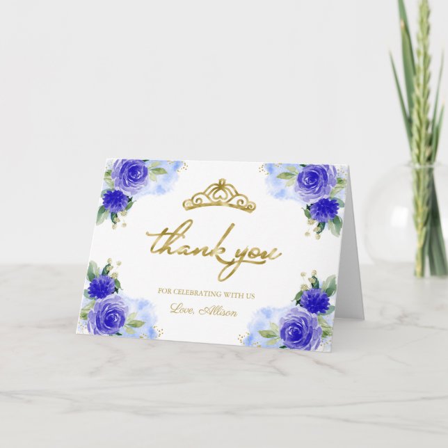 Blue Floral Tiara Quinceanera Thank You Card (Front)