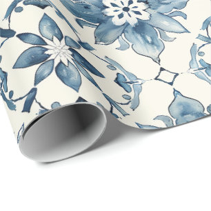 Blue Floral Tile Pattern Gift Wrap