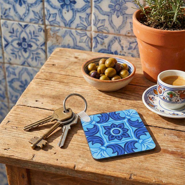 Blue Floral Tile Pattern Vintage Mediterranean  Key Ring (Creator Uploaded)