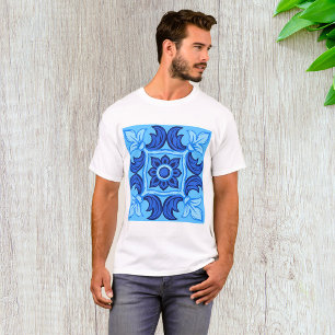 Blue Floral Tile Pattern Vintage Mediterranean  T-Shirt