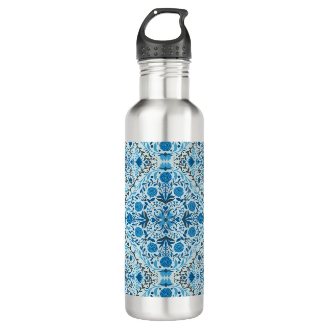 Blue floral tiles 710 ml water bottle (Front)