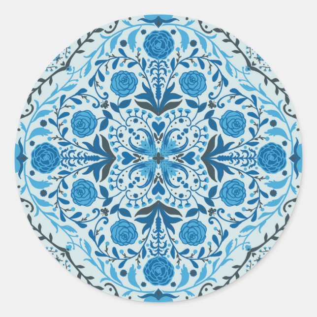 Blue floral tiles classic round sticker (Front)