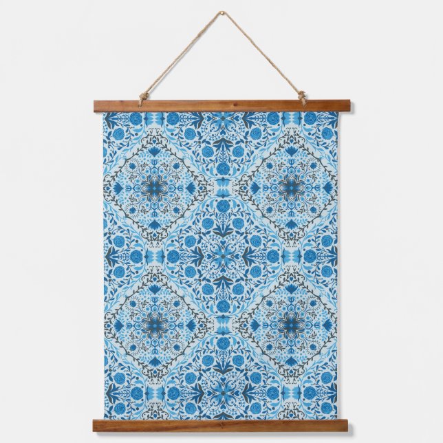 Blue floral tiles hanging tapestry (Front)