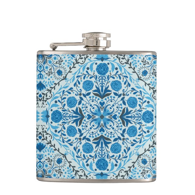 Blue floral tiles hip flask (Front)
