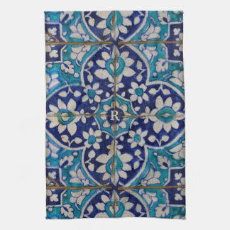 Blue Floral Tiles KitchenTowel w/out Monogram Tea Towel