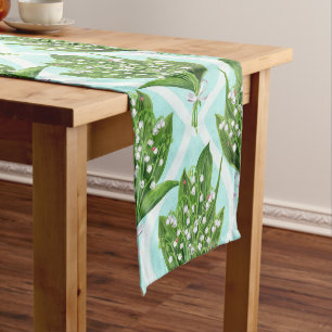 Blue floral tiles short table runner