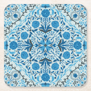 Blue floral tiles square paper coaster