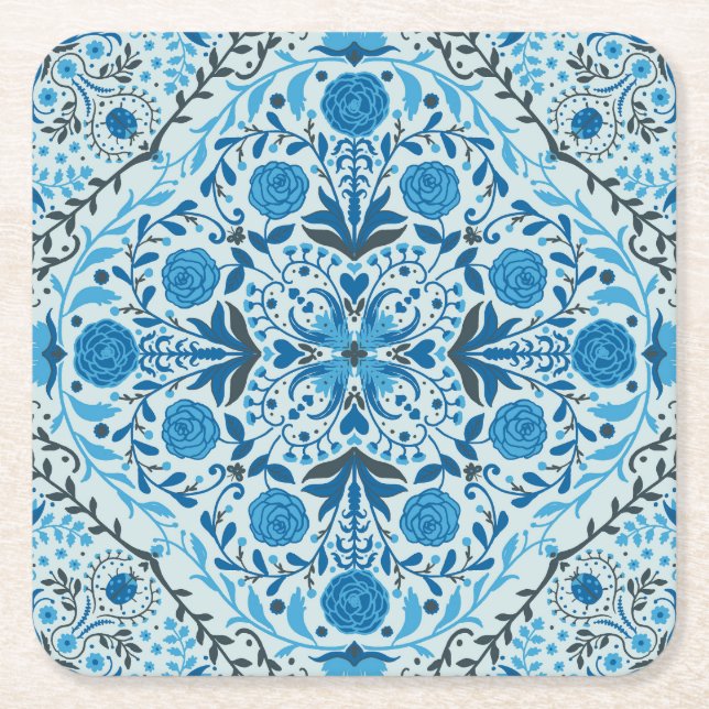 Blue floral tiles square paper coaster (Front)