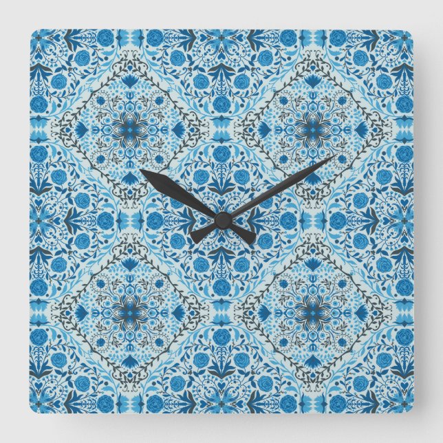 Blue floral tiles square wall clock (Front)