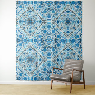Blue floral tiles tapestry