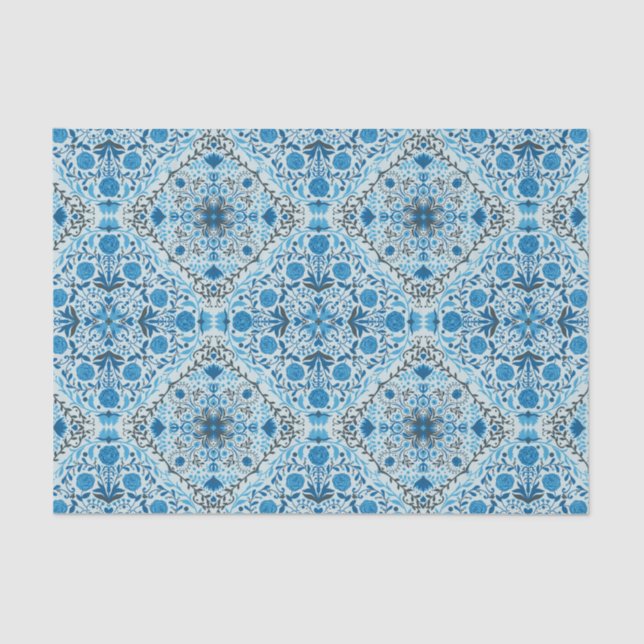 Blue floral tiles tissue paper (Front)