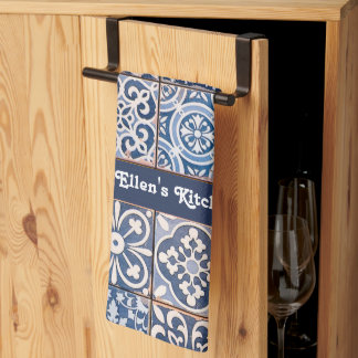 Blue Floral Tiles w/out name or other text Tea Towel