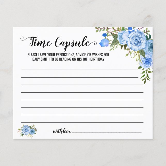 Blue Floral Time Capsule Advice for Baby card (Front)