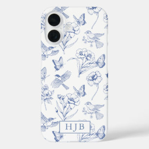 Blue Floral Toile Butterfly Monogram iPhone Case
