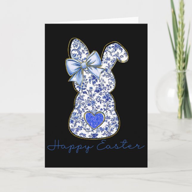 Blue Floral Toile Chinoiserie Bunny Easter For Gir Card (Front)